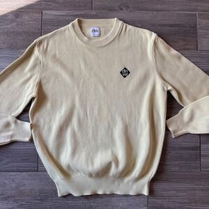 ZARA Mens Yellow Green Crewneck Long Sleeve Sweater Knit‎ Top Gem Logo Size M